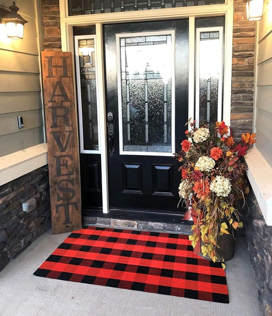 UKELER Buffalo Check Rug 3'×5', Cotton Red Plaid Rug for Front Porch Kitchen Bedroom Popular Farmhouse Doormat