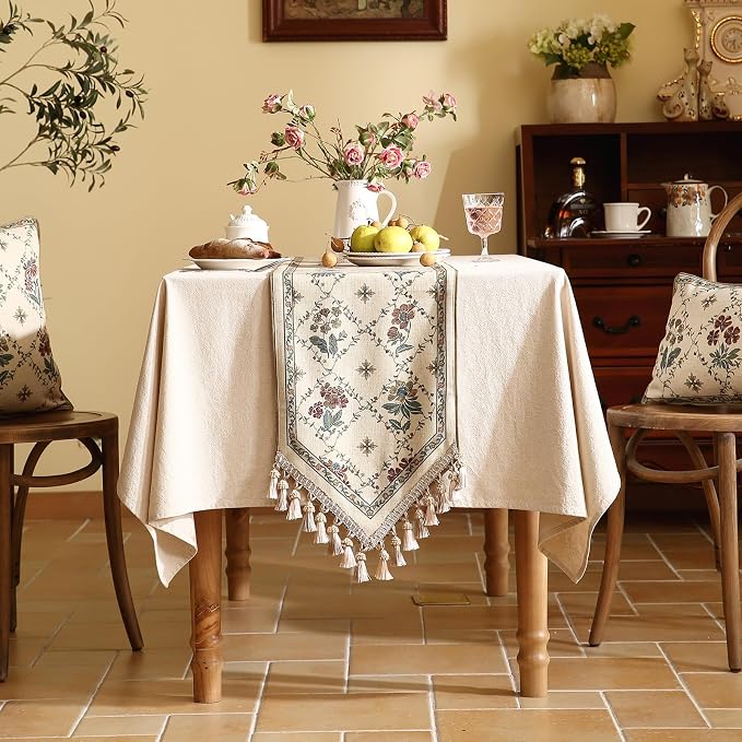 Patdrea Designer French Elegant Linen Table Runner,12"X118"-Audrey A | Vintage Tablerunner 118 Inches Long,Floral Pattern with Tassel Edge,Decorative Runner for Dining Room Living Room