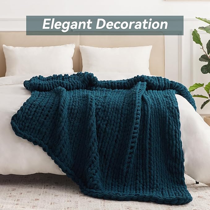 Chunky Knit Throw Blanket 60x80 Inch Chenille Yarn Handmade