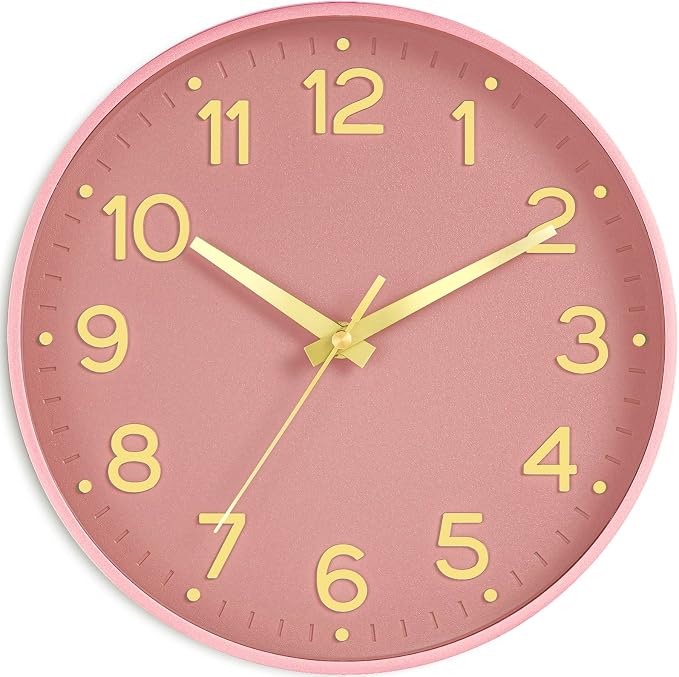 Roymnie 10 Inch Wall Clock Battery Operated Silent Non Ticking Analog | Pink Gold modern analog; large 3D easy-read dial for kitchen, office, bathroom & bedroom; 1 AA battery (not included)