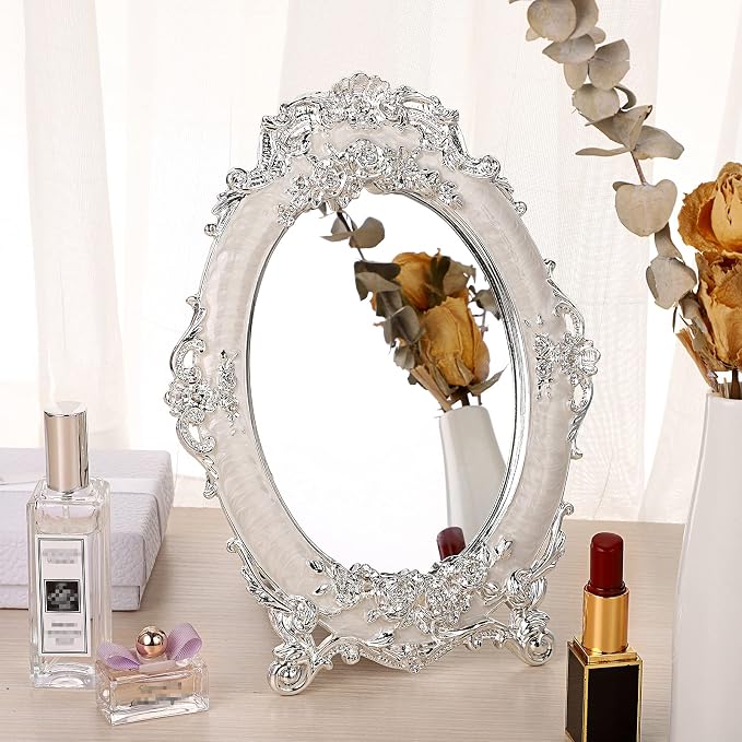 JUXYES Tabletop Dressing Mirror with Stand Desktop Mirror with Rose Decor | Small Antique Embossed Roses Countertop Makeup Mirror, Retro Oval Cosmetic Decorative Mirrors for Dresser Table