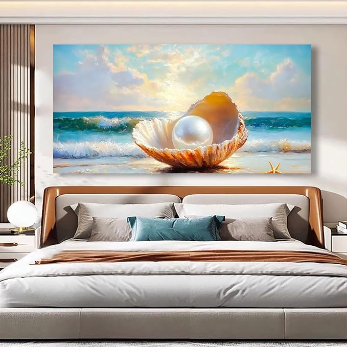 Seashells Pearls Pictures Canvas Wall Art Living Room Office Bedroom Wall Decor Sea Landscape Wall Art Prints Modern Blue and White Landscape Artwork Waterproof Ready to Hang - 20x40 inches