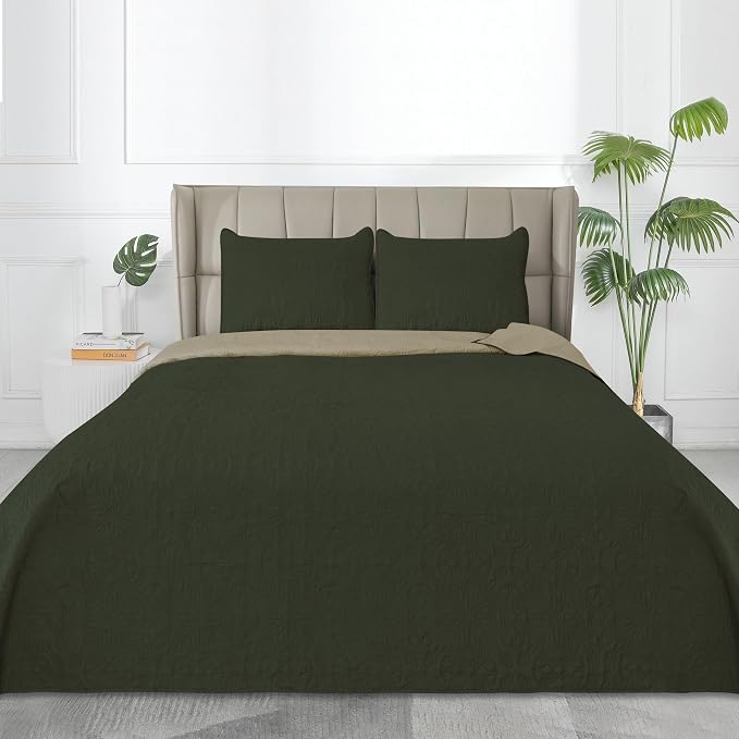 Easy-Going Reversible Quilt Set Twin, Bedspread with 1 Shams | Damask-Army Green/Beige, Lightweight Bed Comforter, 1 Quilt + 1 Pillow Shams, All-Season Coverlets for Bedroom