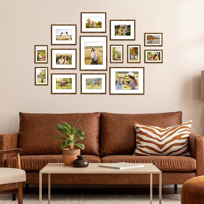 Giftgarden 14 Pack Brown Picture Frames Set, 2pcs 11x14 Matted for 8x10, 6pcs 8x10 Matted for 5x7, 6pcs 5x7 Matted for 4x6, Gallery Frame Collage for Wall or Tabletop Display