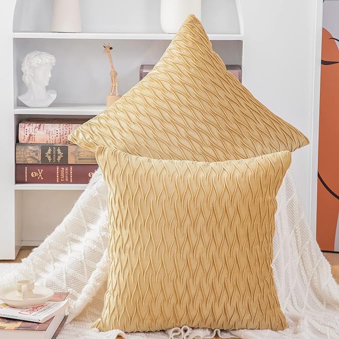 MADIZZ Set of 2 Super Soft Velvet Decorative Throw Pillow Covers 22x22 inch Khaki Square with Texture Luxury Style Cushion Case Pillow Shell for Sofa Bedroom