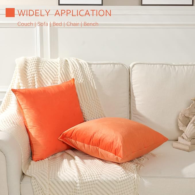 Stellhome Soft Fall Velvet Throw Pillow Covers Square Halloween Decorative Cushion Covers for Bed Couch Sofa Bench, 18 x 18 inch (45 x 45 cm), Orange, Pack of 2