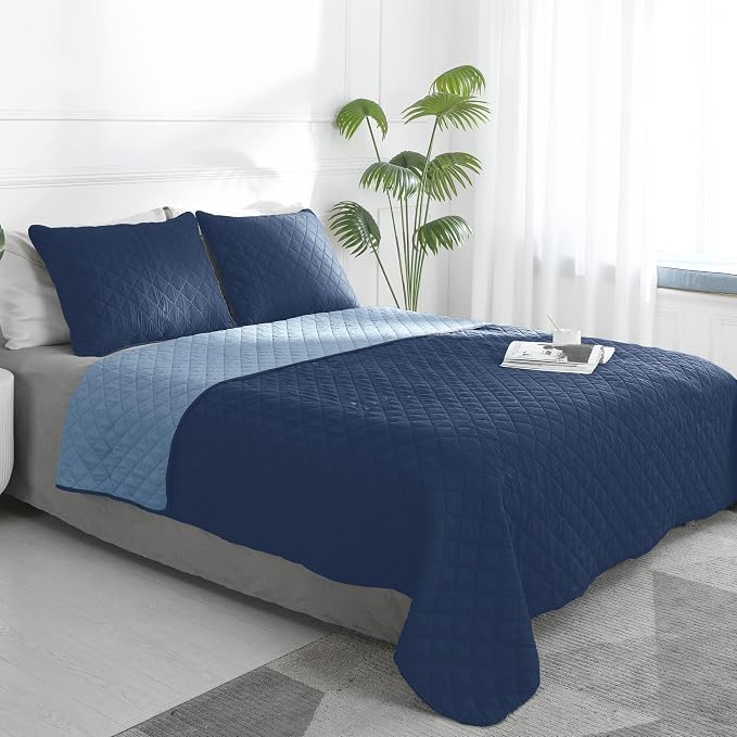 Easy-Going Full/Queen Size Reversible Quilt Set with 1 Quilt and 2 Pillow Shams, Soft Bed Quilt Cover, Water Resistant Lightweight Microfiber Bedspread, Stain Resistant, Dark Blue/Light Blue | Dark Blue/Light Blue, Lightweight Bed Comforter, 1 Quilt + ...