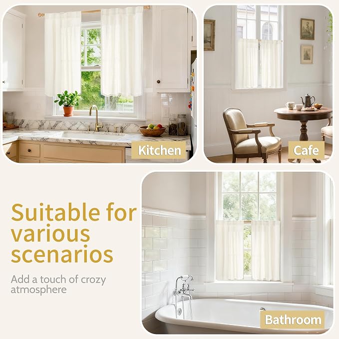 YoungsTex Ivory Linen Semi Sheer Curtains 40 Inch Length for Short Window | Light Filtering Drapes with Rod Pocket Back Tab for Bathroom Kitchen Window Over Sink, 2 Panels, 42 X 40 Inch