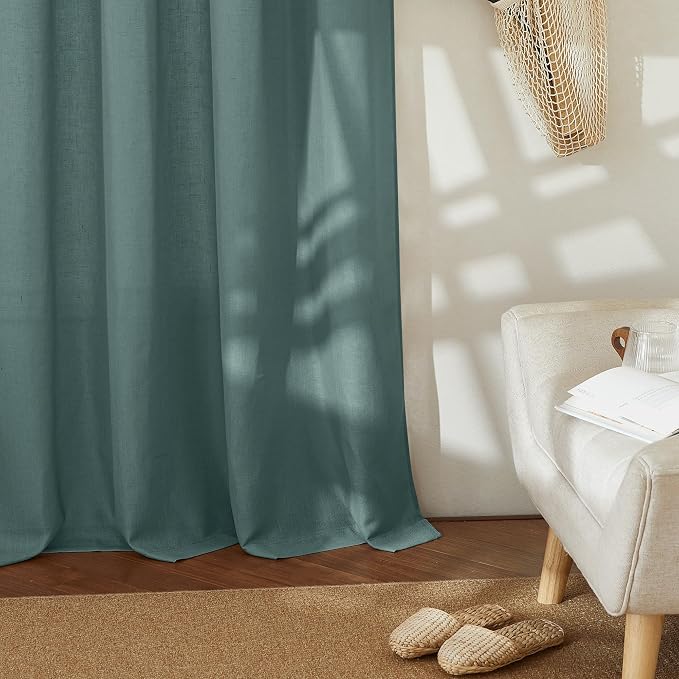 RYB HOME Linen Sheer Curtains 2 Panels for Living Room, Semi Transparent Privacy Drapes with Rod Pocket Farmhouse Style Window Treatments for Bedroom, Teal Blue, 52" W x 84" L