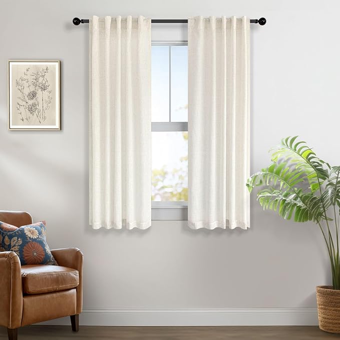 Natural Linen Curtains for Small Windows 38 Inch Wide 2 Panels Set Back Tab Pocket Short Skinny Narrow Mini Curtains for Bedroom Bathroom Basement Farmhouse Decor 38x45 Inch Length Ivory Cream Colored