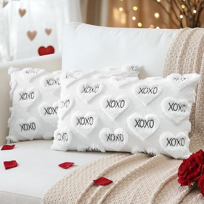 Artscope Valentines Pillow Covers 12x20 Set of 2 Decorative Love Heart XOXO Valentine's Day Throw Pillow Cases Soft Plush Faux Fur Couch Cushion Case for Holiday Sofa Bed Room Home Decor-White XOXO
