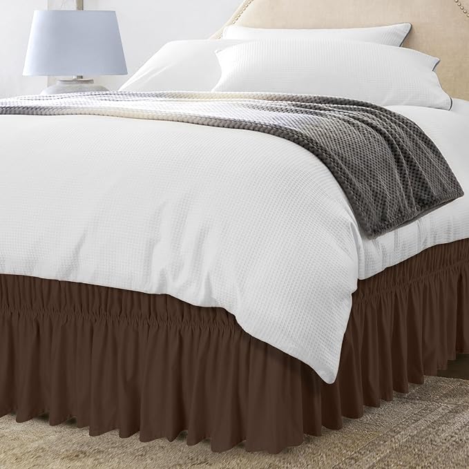 Wrap Around Queen Bed Skirt, Easy Fit Elastic Belt, 16 Inch Drop, Brown | No Mattress Lifting, Stay-Put Design, Adjustable Buckle & Elastic Belt, Wrinkle & Fade Resistant, Brushed Microfiber