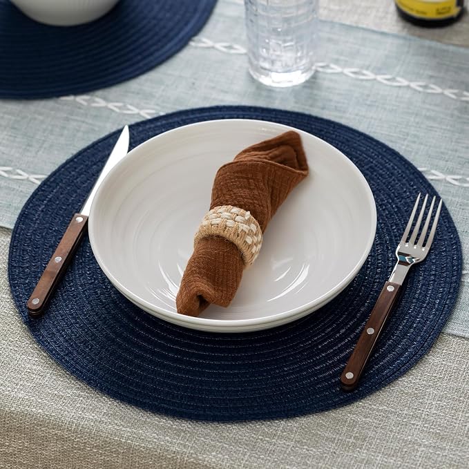 BARoyal Round Placemats Set of 12 Woven Placemats Washable Braided Table Mats for Dining Table Heat Resistant Non-Slip Circle Place Mats(Navy Blue)