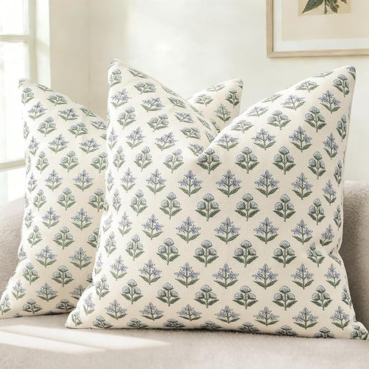 YCOLL Farmhouse Floral Pillow Covers 20x20 Set of 2, Rustic Country Decorative Cushion Covers Vintage Throw Pillow Covers for Sofa Couch Bed Living Room Home Decor, Blue Green