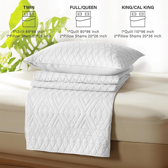 akkialla Full/Queen Size Quilt Bedding Set,White Lightweight Microfiber Soft Bedspread,Modern Style Geoetric Pattern Coverlet Set for All Seasons,3 Piece(1 Quilt,2 Pillow Shams) | Breathable material