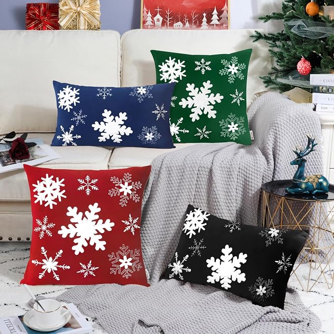 BRAWARM Christmas Pillow Cover 20 X 20 Inches, Black Snowflake Embroidered Pillow Cover, Soft Velvet Decorative Throw Pillow for Couch Bed Sofa Living Room Home