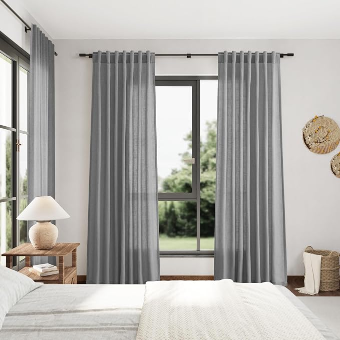 Extra Long Dark Grey Linen Curtains 120 Inches for Living Room Back Tab Light Filtering Semi Sheer Drapes Modern Farmhouse Elegant Textured Curtain for Floor to Ceiling High Window 52x120 10 Ft.