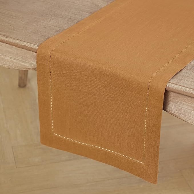 Solino Home 100% Pure Linen Table Runner Brown Sugar Hemstitch, 14 x 90 in | Classic Hemstitch, styles dining tables for meals and celebrations, hemstitched border, mitered corners, OEKO-TEX Certified