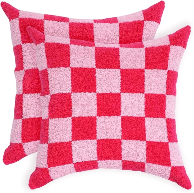 Alysheer Checkered Embroidered Throw Pillow Covers 18"x 18" 2pc Hot Pink