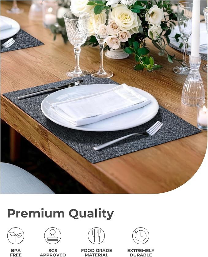 Leetaltree Denim Blue Placemats Set of 12 - Heat Resistant Non-Slip Place mats for Dining Table, Washable Durable PVC Vinyl Woven Table Mats（Denim Blue, 12）