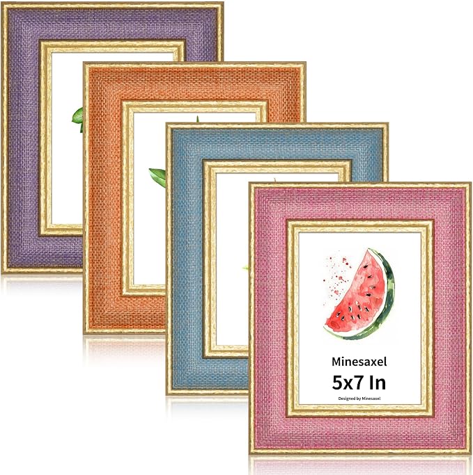 5x7 Picture Frame - Colorful Fabric & Vintage Gold Border HD Real Glass with Easel for Tabletop/Wall Decor (Family Photos, Artwork -Pink Blue Purple Orange 4 Pack)