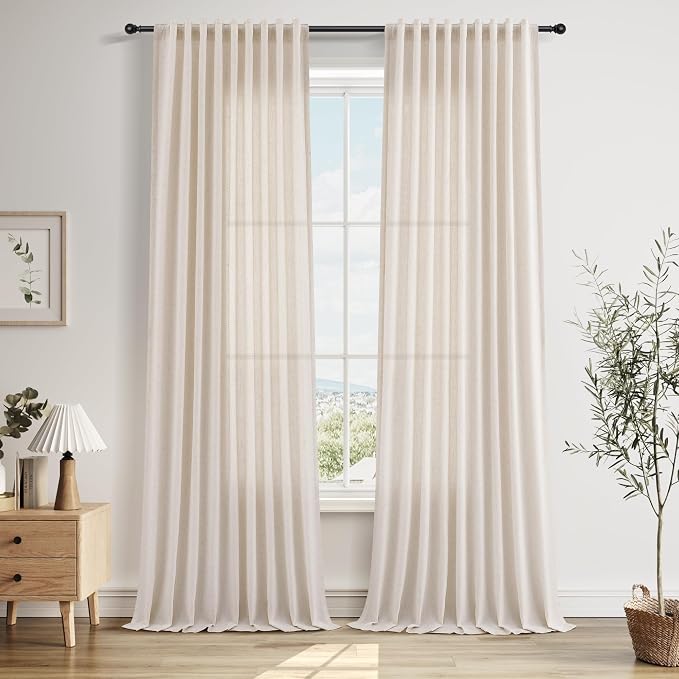 Extra Long Linen Curtains 108 Inches for Living Room Back Tab Semi Sheer High Floor to Ceiling 9ft Light Filtering Curtain Boho Farmhouse Decor Window Drapes for Bedroom 2 Panels Linen