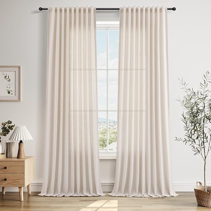 Linen Curtains 96 Inches Long for Living Room Back Tab Semi Sheer Floor to Ceiling 8ft Light Filtering Curtain Boho Farmhouse Decor Window Drapes for Bedroom 52x96 2 Panels Linen