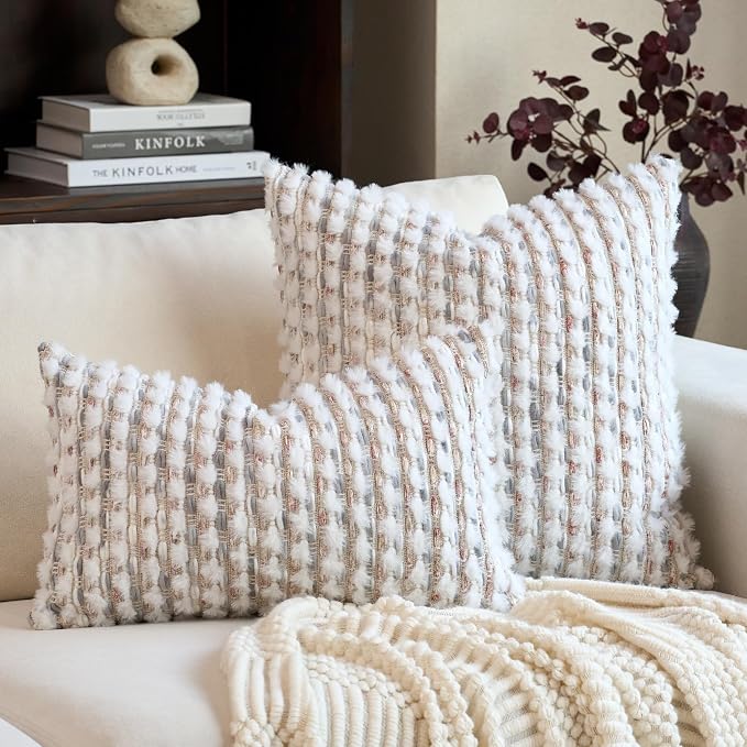 Aeckself Handmade Boho Chenille Tufted Pillow Cover 20x20 Inch, Decorative Square Throw Pillow Cover Neutral Pillowcase for Couch Bedroom Living Room, Grey White