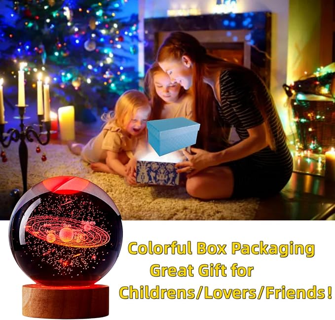 3D Solar System Crystal Ball Lamp, Upgraded 3.15 Inch Galaxy Crystal Ball Night Light with 16 Colors LED Wooden Base, Remote Control, Gift Box Packaging, Home Decor Gift for Friends (solar system)
