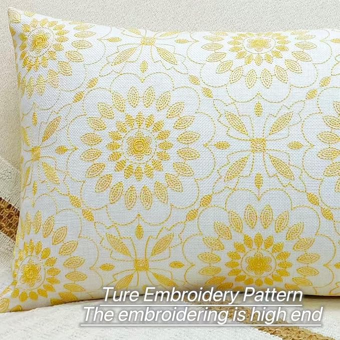 Slow Cow Linen Embroidery Lumbar Throw Pillow Cover Cushion Cover Floral Pattern Rectangular Pillowcase for Couch Bedroom 12 x 20 Inches Yellow Gold