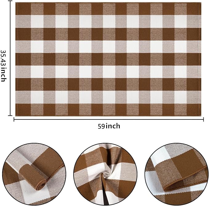 3'x5' Outdoor Rug,Coffee and White Buffalo Plaid Rug Farmhouse Front Porch Rug Machine Washable Front Door Mat Outdoor for Hello Welcome Mat,Bedroom,Entryway,Patio