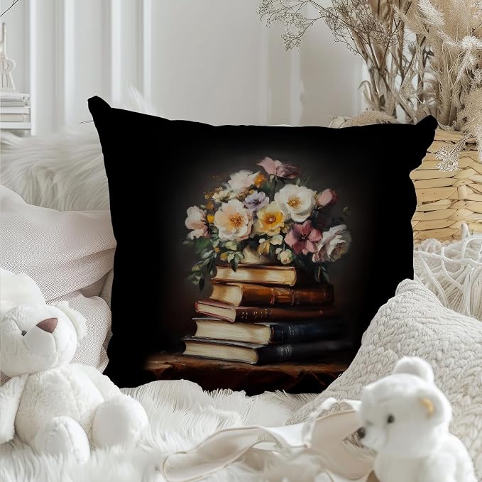 Vintage Floral Book Pillow Covers 18x18, Reading Nook Corner Decor, Gifts for Book Lovers Readers, Dark Academia Wildflower Bookish Decorative Throw Pillow Covers for Library Book Nook Room