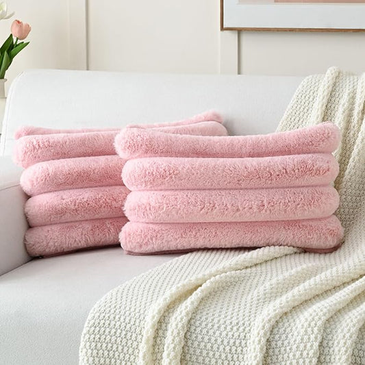 HAUSSY 2 Pack Lumbar Pillow Covers 12x20 Inch, Faux Fur Decorative Couch Throw Pillows Soft Striped Plush Cushion Covers Home Decor Cute Furry Pillowcase for Living Room Sofa Bed, Pink (Covers Only)