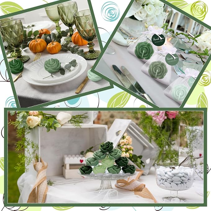 Treela 24 Set Rose Flower Candles, Sage Green Wedding Favors for Guests