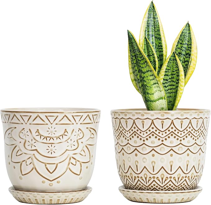 Gepege Ceramic Plant Pots, 6 Inch Indoor Planters with Drainage & Saucers | Ceramic pots for plants with drainage holes, ceramic saucers and mesh pads, ideal for flowers, herbs and succulents, set of 2