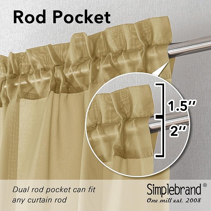 Simplebrand Gold Short Sheer Kitchen Cafe Curtains 36 x 36 Inch, 2 Panels