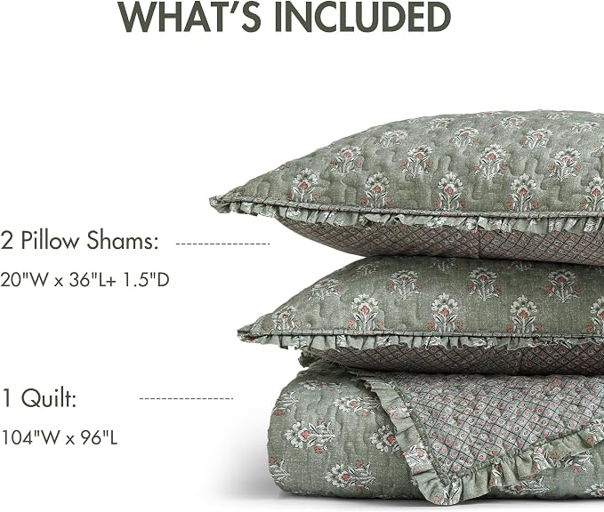 Madison Park Vintage Floral Quilt Set, 3PC King/Cal King Reversible Bed Set | Lightweight Bedspread Set with 2 Shams, Traditional Block Print Coverlets with Ruffled Edge, Sage Green