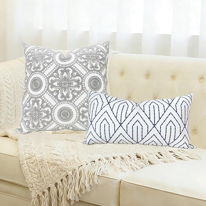 Slow Cow Embroidery Decorative Throw Pillow Cover Cushion Cover for Couch Sofa 18 x 18 Inches Canvas Embroidery Grey