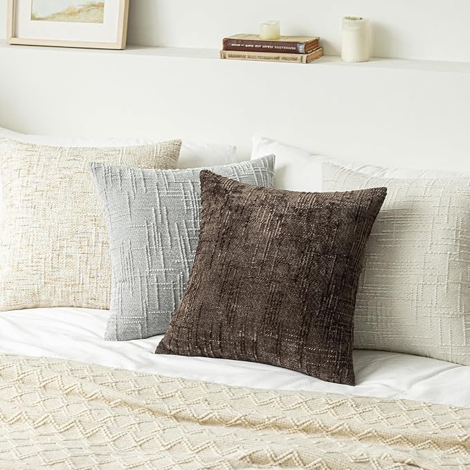 Softalker Textured Chenille Throw Pillow Covers Set of 2, 20x20 Cream Decorative Cushion Covers, Soft Cozy Slubby Texture for Modern Farmhouse Sofa Couch Bed
