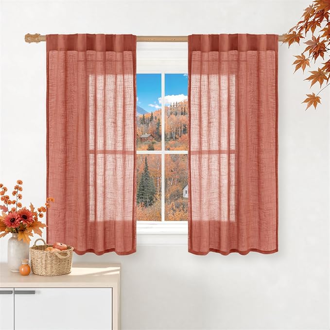Terracotta Semi Sheer Linen Curtains 54 Inch Length 2 Panels | Light Filtering Bedroom Curtains, Rustic Fall Decor, Drapes for Living Room, Windows, Back Tab Rod Pocket, 34 x 54 Inch