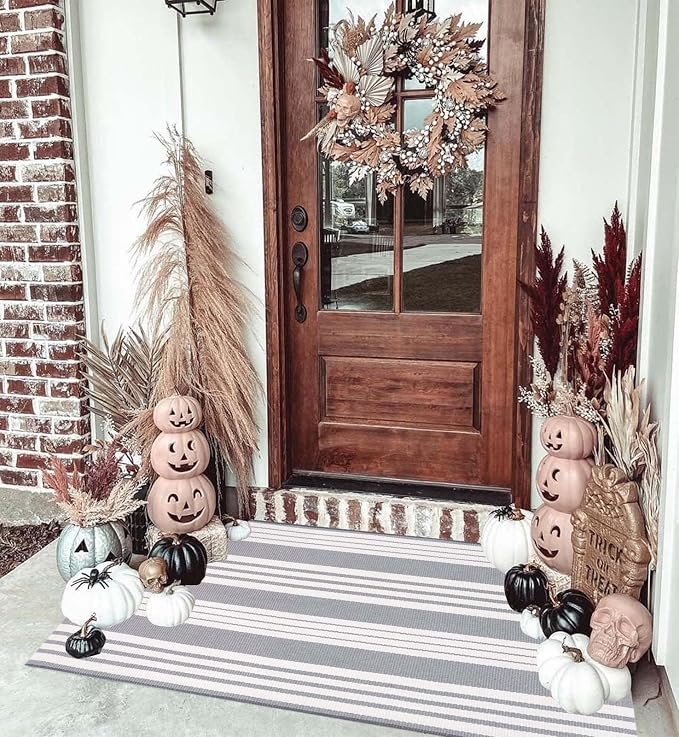 Grey and White Outdoor Doormat 24"x35"Cotton Washable Striped Outdoor Rug | Hand-Woven Cotton Outdoor Front Porch Rug For Entryway Combined With Hello Welcome Mat