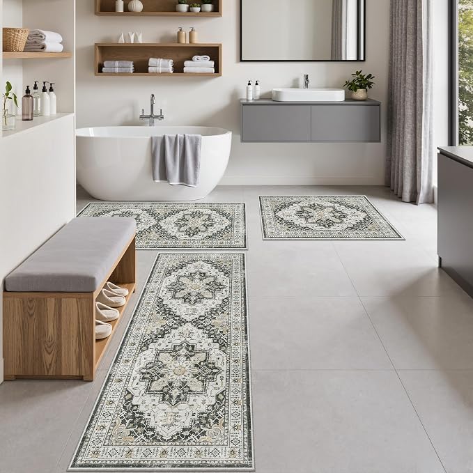Madane Washable Kitchen Rug Set of 3 Small Area Rugs Non-Slip, Black | Vintage Hallway Entryway Door Mat Indoor Entrance Low Pile Floor Carpet Runner for Inside Front Entry Laundry 2x3+2x4+2x5