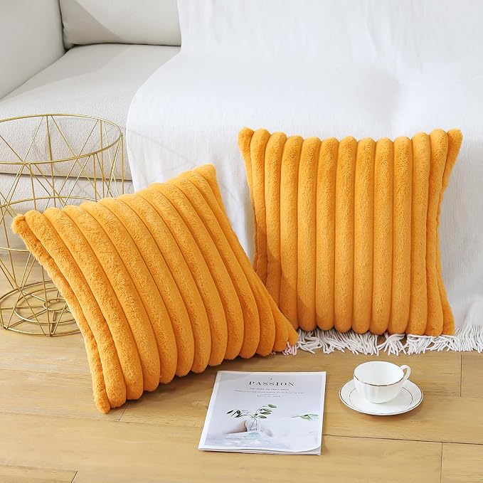 Soleebee Set of 2 Throw Pillow Covers Soft Cozy Velvet Pillowcase Faux Rabbit Fur Cover for Couch Sofa Bed Chair Home Decorative Pillows Cover (22x22 Inch, Mustard Yellow)