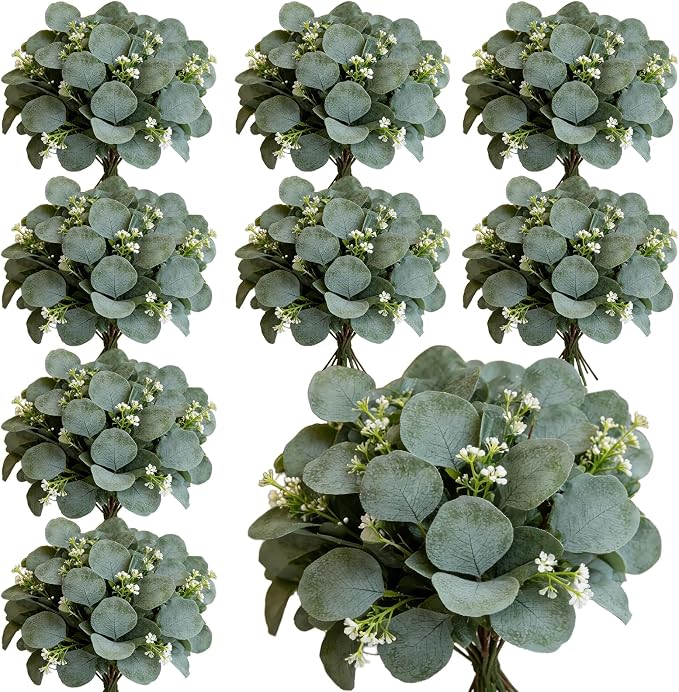 40 Pcs Faux Eucalyptus Leaves Stems Bulk Silver Dollar White Seed Artificial Greenery Stems Fake Sprays Branches for Wedding Table Centerpiece Bouquet Garland Floral Arrangement Home Decor