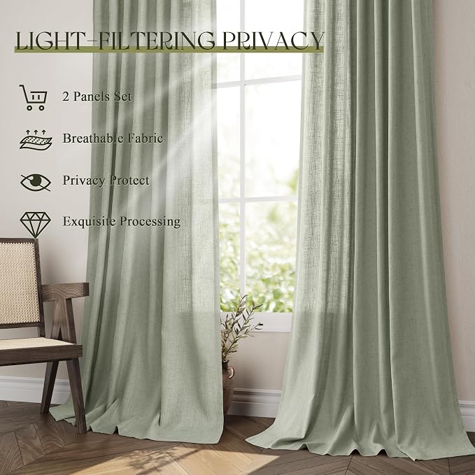 Jowels Sage Green Linen Curtains 60 Inch Long 2 Panels for Living Room | Light Filtering Semi Sheer Curtain, Back Tab Pocket Pleated Look, Boho Farmhouse Textured Privacy Drapes for Bedroom Window