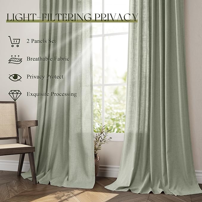 Jowels Sage Green Linen Curtains 105 Inch Long 2 Panels for Living Room | Light Filtering Semi Sheer Curtain, Back Tab Pocket Pleated Look, Boho Farmhouse Textured Privacy Drapes for Bedroom Window