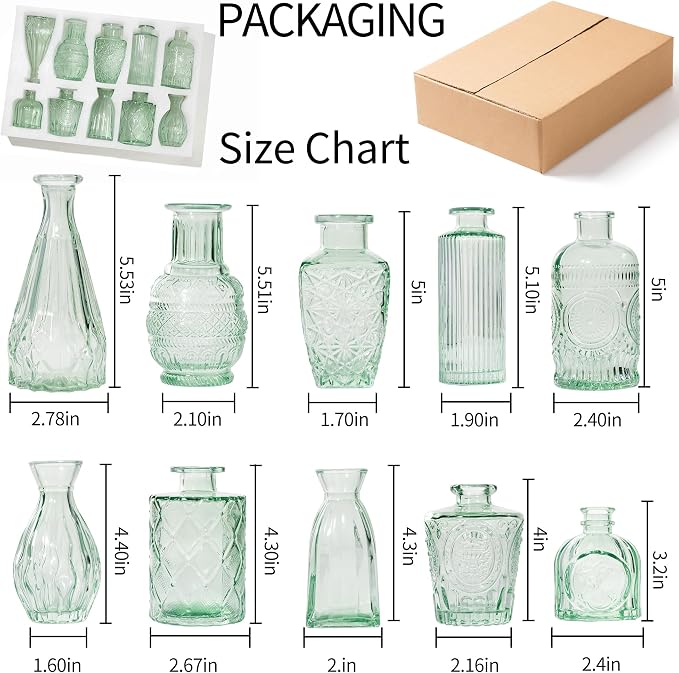 Sage Green Glass Bud Vases Set of 10, Wedding Table Centerpiece | Set of 10 Sage Green Vintage Glass Bud Vases, Boho Wedding Aesthetic, Pairs with White, Cream & Eucalyptus Arrangements