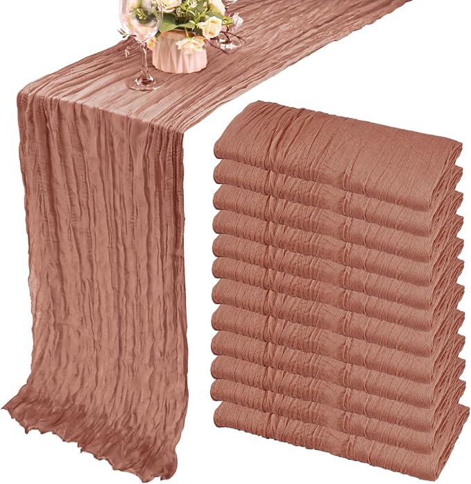 Fivenl 12 Pack Cheesecloth Table Runner 35x72 Inch Boho Gauze Rustic Cheese Cloth Long Romantic for Wedding Bridal Shower Birthday Party Decor (Dusty Blush)