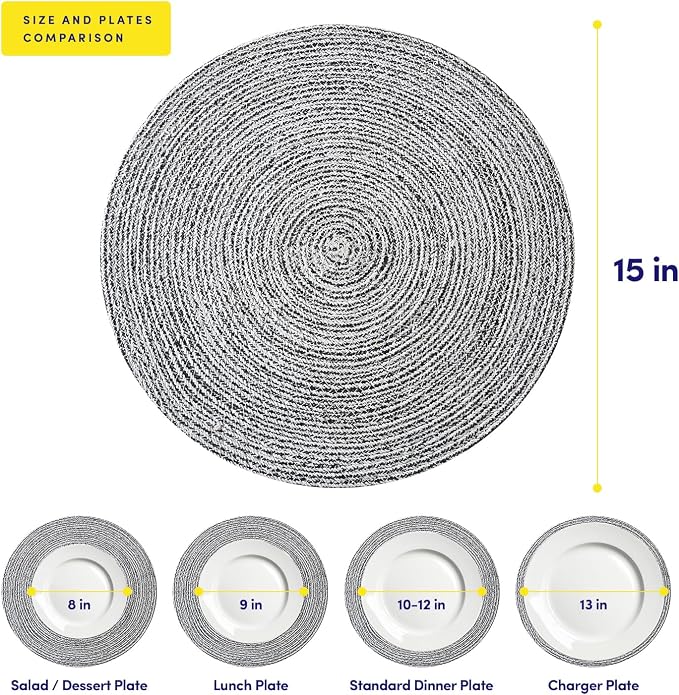 Round Placemats Set of 6-100% Cotton Two-Tone Placemat for Dining Table - Woven Braided Table Setting Place Mat - Washable Table Decor for Kitchen, Farmhouse, Rustic, Everyday Use, Black