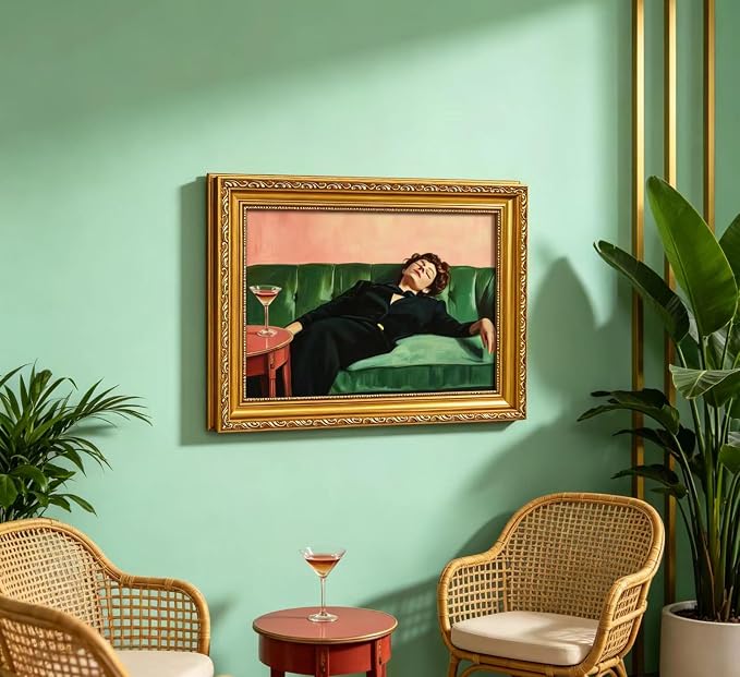 Vintage Gold Framed Bar Wall Art, Victorian Woman and Man on Couch with Martini Oil Painting Canvas Prints, Eclectic Cocktail Picture, Trendy Bar Cart Decor Poster Artwork for Kitchen Dining Room